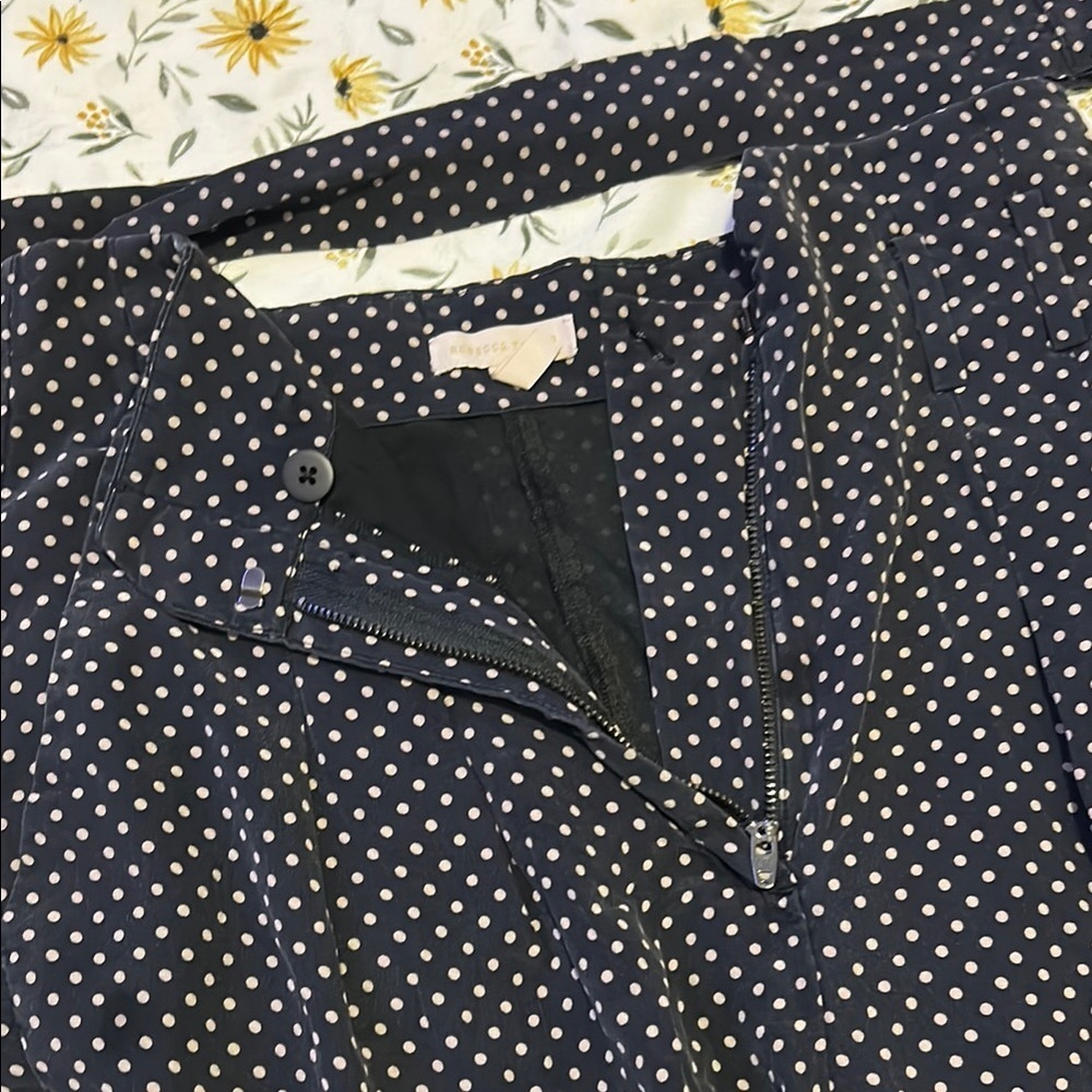 REBECCA TAYLOR BELTED SILK NAVY COMBO POLKA DOT PAPERBAG PANTS W/ BELT - Picture 4 of 8